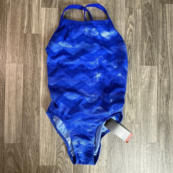 Adidas Infinitex+ Blue Chevron One-Piece Swimsuit 30 D34 Chlorine Resistant NWT - Picture 2 of 8
